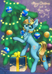 Size: 1414x2000 | Tagged: safe, artist:st. oni, oc, oc only, oc:skydreams, pony, unicorn, christmas, christmas lights, christmas tree, commission, holiday, horn, mouth hold, present, solo, tree, unicorn oc, ych result