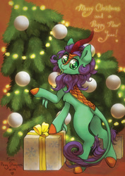 Size: 1414x2000 | Tagged: safe, artist:st. oni, oc, oc only, oc:searing cold, kirin, pony, christmas, christmas lights, christmas tree, commission, holiday, kirin oc, present, solo, tree, ych result