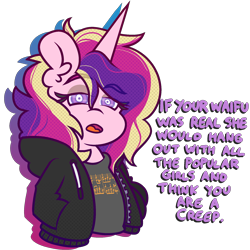 Size: 2000x2000 | Tagged: safe, artist:threetwotwo32232, princess cadance, alicorn, semi-anthro, g4, anti-bronybait, clothes, female, high res, hoodie, looking at you, looking back, looking back at you, mare, reality ensues, sad but true, sad truth, simple background, solo, transparent background