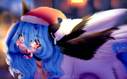 Size: 2712x1696 | Tagged: safe, artist:honeybbear, oc, oc only, oc:beatz, pegasus, pony, candy, candy cane, christmas, female, food, hat, holiday, looking at you, mare, mouth hold, santa hat, solo, two toned wings, wings