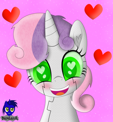 Size: 3840x4154 | Tagged: safe, alternate version, artist:damlanil, sweetie belle, pony, robot, robot pony, unicorn, g4, blushing, cute, diasweetes, female, filly, floating heart, glowing eyes, happy, heart, heart eyes, horn, looking at you, mare, open mouth, pink background, roboticization, simple background, smiling, sweetie bot, vector, weapons-grade cute, wingding eyes