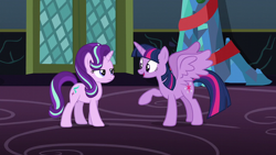 Size: 1920x1080 | Tagged: safe, screencap, starlight glimmer, twilight sparkle, alicorn, pony, unicorn, a hearth's warming tail, g4, female, frown, looking at each other, mare, open mouth, raised hoof, spread wings, twilight sparkle (alicorn), wings