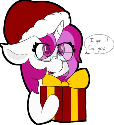 Size: 5579x6098 | Tagged: safe, artist:skylarpalette, oc, oc only, oc:skylar palette, pony, unicorn, bow, bust, christmas, cute, dialogue, ear fluff, eye clipping through hair, female, floppy ears, fluffy, glasses, hat, holiday, horn, looking up, mare, open mouth, present, santa hat, simple background, simple shading, smiling, solo, speech bubble, transparent background, unicorn oc