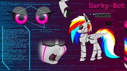 Size: 1920x1080 | Tagged: safe, artist:darky_wings, oc, oc only, oc:darky-bot, pegasus, pony, robot, robot pony, led, open mouth, plug, reference sheet, underhoof, updated