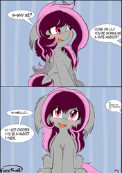 Size: 2798x3981 | Tagged: safe, artist:freefraq, oc, oc only, oc:lilac san, bat pony, pony, 2 panel comic, bat pony oc, bat wings, big ears, blushing, chest fluff, comic, cute, dialogue, eye clipping through hair, female, floppy ears, fluffy, folded wings, hairy, high res, looking at you, nervous, offscreen character, open mouth, sitting, smiling, solo, speech bubble, weapons-grade cute, wings
