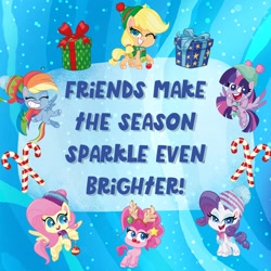 Size: 1080x1080 | Tagged: safe, applejack, fluttershy, pinkie pie, rainbow dash, rarity, twilight sparkle, alicorn, earth pony, pegasus, pony, unicorn, g4.5, my little pony: pony life, official, candy, candy cane, christmas, christmas presents, clothes, facebook, food, hat, holiday, mane six, present, scarf, twilight sparkle (alicorn), winter outfit