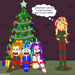 Size: 1920x1920 | Tagged: safe, artist:robukun, adagio dazzle, aria blaze, sonata dusk, sunset shimmer, equestria girls, g4, arm behind back, bondage, bound and gagged, christmas, christmas pajamas, christmas presents, christmas sleepwear, cloth gag, clothes, crossed arms, footed sleeper, footie pajamas, gag, gift wrapped, holiday, kidnapped, over the nose gag, pajamas, present, ribbon bondage, smiling, smirk, smug, smugset shimmer, the dazzlings, thought bubble, tied up