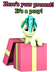 Size: 847x1080 | Tagged: safe, artist:pika-robo, sandbar, earth pony, pony, g4, 3d, box, caption, cute, image macro, looking at you, male, pony in a box, present, sandabetes, simple background, source filmmaker, teenager, text, transparent background