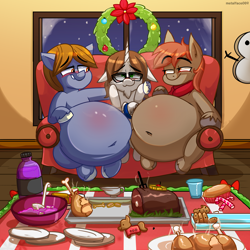 Size: 4000x4000 | Tagged: safe, artist:metalface069, oc, oc:blitz tale, oc:tai, oc:winterlight, belly, belly blush, belly button, big belly, blushing, christmas, commission, cookie, dinner, fat, food, holiday, huge belly, male, meat, ponies eating meat, soda, squishy, stallion, stuffed, tailight, trio male