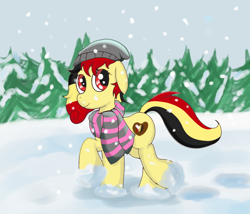 Size: 1400x1200 | Tagged: safe, artist:amateur-draw, oc, oc only, oc:chocolate sweets, pony, clothes, female, hat, mare, scarf, simple background, snow, snowfall, solo