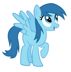 Size: 1592x1611 | Tagged: safe, artist:durpy, blue october, blueberry muffin, pegasus, pony, .ai available, .svg available, background pony, blue eyes, blue mane, blue tail, female, full body, hooves, looking up, mare, open mouth, open smile, raised hoof, simple background, smiling, solo, spread wings, standing, tail, transparent background, vector, wings