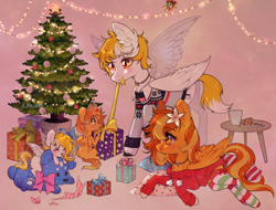 Size: 2000x1523 | Tagged: safe, artist:aniimoni, oc, oc only, oc:serenity, oc:white feather, pegasus, pony, christmas, christmas tree, clothes, cookie, female, filly, food, holiday, lying down, male, mare, oc x oc, parent:oc:serenity, parent:oc:white feather, parents:serenither, plushie, present, prone, serenither, shipping, straight, sweater, tree