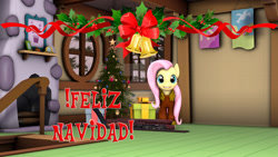 Size: 1024x576 | Tagged: safe, artist:juanjobelic, fluttershy, pegasus, pony, g4, 3d, christmas, christmas tree, deviantart watermark, female, holiday, mare, obtrusive watermark, solo, source filmmaker, spanish, spanish text, tree, watermark