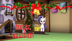 Size: 1024x576 | Tagged: safe, artist:juanjobelic, rarity, pony, unicorn, g4, 3d, christmas, christmas tree, deviantart watermark, female, holiday, mare, obtrusive watermark, red nose, solo, source filmmaker, spanish, tree, watermark