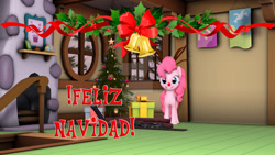 Size: 1024x576 | Tagged: safe, artist:juanjobelic, pinkie pie, earth pony, pony, g4, 3d, christmas, christmas tree, deviantart watermark, female, holiday, mare, obtrusive watermark, solo, source filmmaker, spanish, tree, watermark