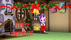 Size: 1024x576 | Tagged: safe, artist:juanjobelic, starlight glimmer, pony, unicorn, g4, 3d, christmas, christmas tree, deviantart watermark, female, holiday, looking at you, mare, obtrusive watermark, smiling, smiling at you, solo, source filmmaker, spanish, spanish text, tree, watermark