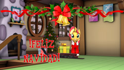 Size: 1024x576 | Tagged: safe, artist:juanjobelic, sunset shimmer, pony, unicorn, equestria girls, g4, 3d, bell, christmas, christmas tree, female, holiday, mare, present, source filmmaker, spanish, spanish text, tree