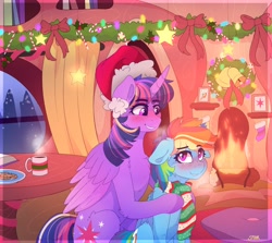 Size: 2048x1823 | Tagged: safe, artist:aaa-its-spook, rainbow dash, twilight sparkle, alicorn, pegasus, pony, g4, bell, blushing, book, bow, candy, candy cane, christmas, christmas stocking, clothes, cookie, cute, duo, female, fireplace, floppy ears, folded wings, food, golden oaks library, hat, hearth's warming, holiday, lesbian, looking at each other, mare, mug, santa hat, scarf, ship:twidash, shipping, sitting, smiling, stars, striped scarf, twilight sparkle (alicorn), wings, wreath