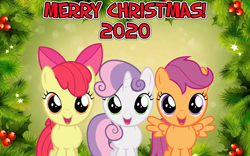 Size: 2064x1289 | Tagged: safe, anonymous artist, apple bloom, scootaloo, sweetie belle, g4, a charlie brown christmas, christmas, christmas tree, cutie mark crusaders, hearth's warming, holiday, holly, leaves, lyrics in the description, song reference, tree, youtube link