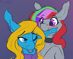 Size: 5000x4000 | Tagged: safe, artist:phenya, oc, oc only, oc:solar soul, oc:solaris spark, pony, biting, blushing, clothes, commission, ear bite, eye clipping through hair, eyebrows, eyebrows visible through hair, looking at each other, oc x oc, one eye closed, open mouth, scarf, shipping, smiling