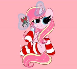 Size: 3928x3500 | Tagged: safe, oc, oc only, oc:rosa flame, pony, unicorn, blushing, christmas, christmas stocking, clothes, glowing horn, high res, holiday, horn, pink background, simple background, socks, solo, striped socks, unicorn oc