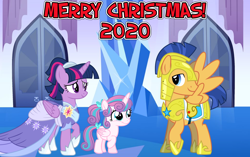 Size: 2064x1296 | Tagged: safe, artist:not-yet-a-brony, flash sentry, princess flurry heart, twilight sparkle, alicorn, pony, g4, the last problem, armor, aunt and niece, auntie twilight, christmas, clothes, coronation dress, crystal empire, cute, dress, family, female, flurrybetes, hearth's warming, heartwarming, holiday, honorary uncle, i'll be home for christmas, looking at each other, lyrics in the description, male, older, older flurry heart, reunion, royal guard armor, second coronation dress, ship:flashlight, shipping, smiling, song reference, straight, twilight sparkle (alicorn), uncle flash, youtube link