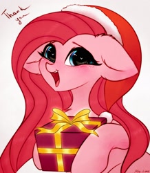 Size: 1566x1800 | Tagged: safe, artist:mite-lime, pinkie pie, earth pony, pony, g4, blushing, christmas, cute, diapinkes, ear fluff, hat, holiday, looking at you, open mouth, pinkamena diane pie, santa hat, smiling, solo, standing