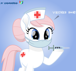 Size: 3000x2766 | Tagged: safe, artist:keronianniroro, nurse redheart, earth pony, pony, g4, coronavirus, covid-19, face mask, female, high res, looking at you, mask, movie accurate, pandemic, signature, syringe, vaccination
