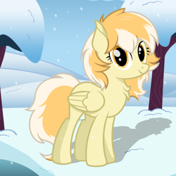 Size: 2500x2500 | Tagged: safe, artist:pizzamovies, oc, oc only, oc:orange cream, pegasus, pony, chest fluff, female, folded wings, full body, high res, hooves, looking at you, mare, outdoors, pegasus oc, shadow, show accurate, smiling, snow, snowfall, solo, standing, tail, two toned mane, two toned tail, wings