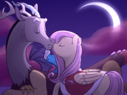 Size: 1920x1447 | Tagged: safe, artist:barlerd, discord, fluttershy, draconequus, pegasus, pony, g4, clothes, cloud, coat, crescent moon, cute, eyes closed, female, folded wings, kissing, male, mare, moon, night, outdoors, ship:discoshy, shipping, straight, wings