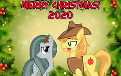 Size: 2064x1289 | Tagged: safe, anonymous artist, braeburn, marble pie, earth pony, pony, g4, braeble, cheek kiss, christmas, female, flower, flower in hair, hearth's warming, holiday, holly, kiss mark, kissing, lipstick, looking at each other, lyrics in the description, male, romance, shipping, smiling, straight, youtube link, youtube link in the description