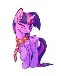 Size: 800x1000 | Tagged: safe, artist:lollipony, twilight sparkle, alicorn, pony, clothes, cute, ear fluff, eye clipping through hair, female, folded wings, looking at you, mare, one eye closed, raised hoof, scarf, signature, simple background, smiling, solo, standing, striped scarf, transparent background, twiabetes, twilight sparkle (alicorn), wings, wink