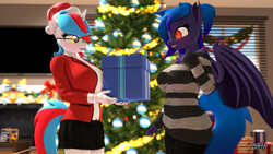 Size: 1920x1080 | Tagged: safe, artist:anthroponiessfm, oc, oc:audina puzzle, oc:wavelength, bat pony, unicorn, anthro, 3d, bat pony oc, bat wings, christmas, christmas gift, christmas tree, clothes, cute, glasses, hat, holiday, horn, looking at each other, santa hat, skirt, source filmmaker, sweater, tree, unicorn oc, wings