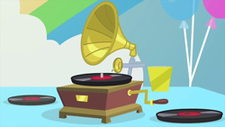 Size: 1280x720 | Tagged: safe, screencap, g4, interseason shorts, teacher of the month (episode), background, gramophone, no pony, phonograph, scenic ponyville, school of friendship, turntable, vinyl