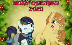 Size: 2064x1289 | Tagged: safe, anonymous artist, coloratura, feather bangs, earth pony, pony, g4, all i want for christmas is you, blushing, cheek kiss, christmas, colorabangs, female, flower, flower in hair, hearth's warming, holiday, holly, kiss mark, kissing, lipstick, lyrics in the description, male, one eye closed, shipping, smiling, song reference, straight, wink, youtube link, youtube link in the description