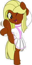 Size: 2504x5000 | Tagged: safe, artist:jhayarr23, part of a set, oc, oc only, oc:xocolatl, earth pony, pony, balancing, bipedal, cheerleader, cheerleader outfit, clothes, commission, cute, female, holding, holding leg, mare, one eye closed, simple background, skirt, solo, standing, standing on one leg, transparent background, ych result