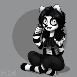 Size: 1080x1080 | Tagged: dead source, safe, artist:misterowluvu, oc, earth pony, anthro, unguligrade anthro, abstract background, bandage, clothes, crossed legs, earth pony oc, grin, mime, sitting, smiling, socks, striped socks