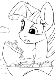 Size: 1447x2000 | Tagged: safe, artist:tsitra360, twilight sparkle, pony, g4, banana, bowl, context is for the weak, cross-popping veins, fall guys, female, food, fruit, hoof hold, lineart, macro, mare, micro, monochrome, solo