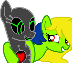 Size: 538x473 | Tagged: safe, artist:amgiwolf, oc, oc only, oc:viexy ams, earth pony, pony, robot, robot pony, bust, duo, earth pony oc, eyelashes, female, grin, hug, mare, simple background, smiling, transparent background