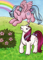 Size: 440x618 | Tagged: safe, artist:hollyann, firefly, moondancer (g1), pegasus, pony, unicorn, g1, bow, bush, duo, female, flower, looking up, mare, outdoors, rainbow, tail bow, traditional art
