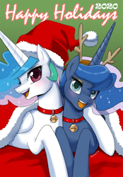 Size: 1100x1578 | Tagged: safe, artist:johnjoseco, princess celestia, princess luna, alicorn, pony, antlers, bell, bell collar, christmas, collar, cute, duo, female, hat, holiday, looking at you, lying down, mare, open mouth, prone, reindeer antlers, royal sisters, santa hat, sisters, smiling