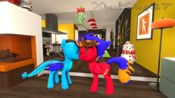 Size: 1280x720 | Tagged: safe, artist:xboxking37, oc, oc:divine zeal, oc:flaming moon, hybrid, original species, pegasus, pony, 3d, christmas, hearth's warming, holiday, kissing, mistletoe, oc x oc, shipping, snowman, story included