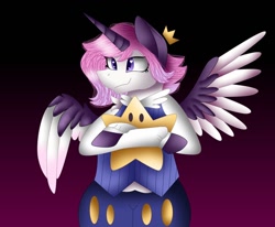 Size: 1080x892 | Tagged: safe, artist:rxndxm.artist, oc, oc only, alicorn, anthro, alicorn oc, clothes, crown, gradient background, horn, hug, jewelry, plushie, regalia, smiling, stars, two toned wings, wings