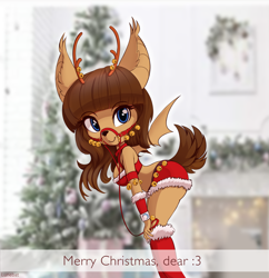 Size: 3140x3240 | Tagged: safe, artist:lunebat, oc, oc:lunette, bat pony, deer, deer pony, original species, anthro, antlers, bat pony oc, bat wings, bells, bridle, christmas, christmas tree, deer oc, high res, holiday, jingle bells, leash, looking at you, reins, smiling, tack, tree, wings