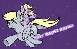 Size: 2920x1864 | Tagged: safe, artist:dinkyuniverse, derpy hooves, dinky hooves, pegasus, pony, unicorn, g4, dinky riding derpy, equestria's best daughter, equestria's best mother, family, female, filly, flying, foal, happy, hearth's warming, hearth's warming eve, holiday, mare, night, ponies riding ponies, riding, smiling, snow, talking to viewer, winter