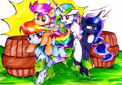 Size: 1069x748 | Tagged: safe, artist:liaaqila, princess celestia, princess luna, rainbow dash, scootaloo, alicorn, pegasus, pony, g4, barrel, competition, female, filly, ponies riding ponies, race, riding, royal sisters, scootaloo riding rainbow dash, scootalove, sisters, slime, traditional art