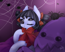 Size: 2500x2000 | Tagged: safe, artist:狄优优, pony, spider, black sclera, bow, female, high res, mare, muffet, multiple eyes, one eye closed, ponified, solo, undertale, wink