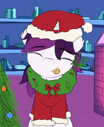 Size: 1280x1560 | Tagged: safe, artist:sperokea, oc, oc only, oc:curiosity cosmos, pony, unicorn, christmas, christmas tree, hat, holiday, library, male, mistletoe, santa hat, tree, twilight's castle, twilight's castle library, wreath