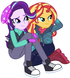 Size: 1024x1134 | Tagged: safe, artist:emeraldblast63, starlight glimmer, sunset shimmer, equestria girls, equestria girls specials, g4, my little pony equestria girls: better together, my little pony equestria girls: holidays unwrapped, beanie, clothes, converse, duo, hat, jacket, shoes, simple background, sitting, smiling, snow, transparent background, winter, winter jacket, winter outfit