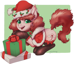 Size: 3416x2952 | Tagged: safe, artist:taytinabelle, derpibooru exclusive, oc, oc only, oc:harmony hugs, earth pony, pony, butt freckles, cape, capelet, christmas, clothes, cute, dock, ear fluff, female, fishnet clothing, fishnet stockings, freckles, happy, hat, high res, holiday, looking at you, mare, neck bow, present, raised tail, rearing, santa hat, secret santa, simple background, smiling, socks, solo, stockings, tail, thigh highs, transparent background